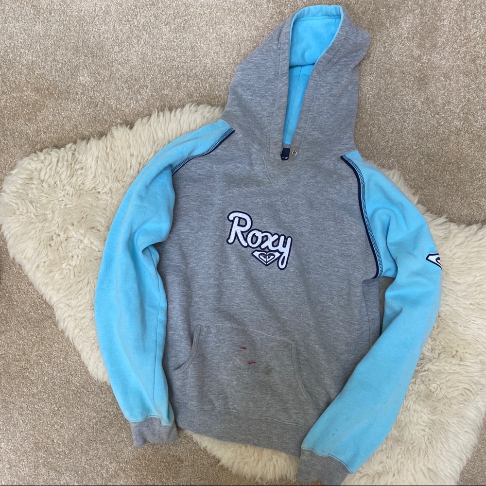 ROXY brand sweatshirt hoodie hooded top gray with aqua blue color sleeves